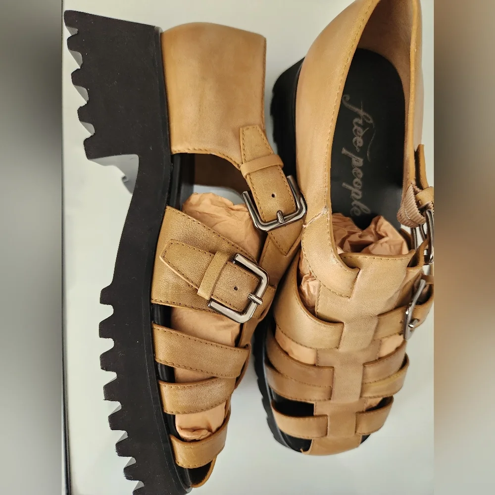 Free People Tan Woven Leather Platform Sandals - Picture 4 of 10